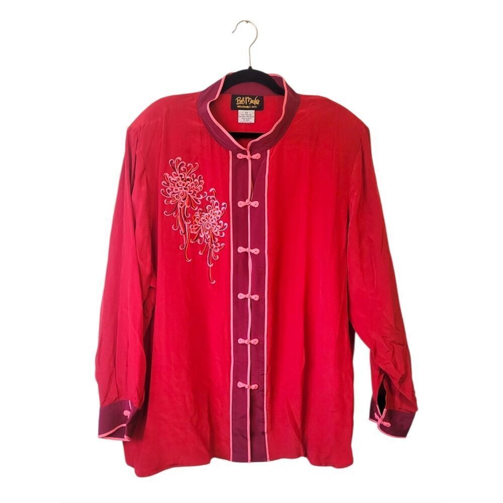 Bob Mackie Red and Pink Embroidered Mandarin Button Silk Shirt Size 3X